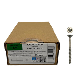 Double countersunk head timber screws 4.0 x 40 mm, A2, TX20