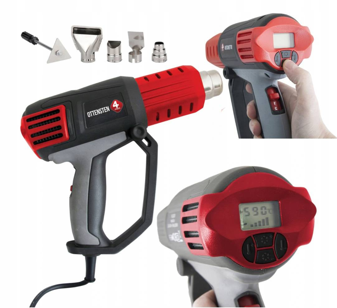 4PRO Construction Heat Gun with LCD Display (50-650°C; 2000W; 230V; Interchangeable Nozzles)