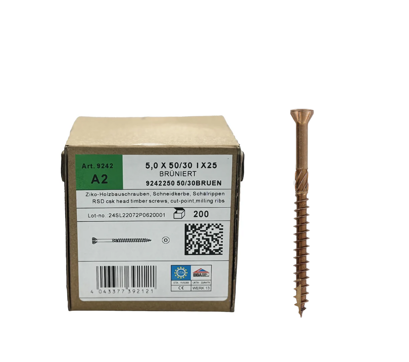 Terasiniai sraigtai, nerūdijantis plienas TX25 A2 klasė (5 × 50-60 mm) (200 vnt)