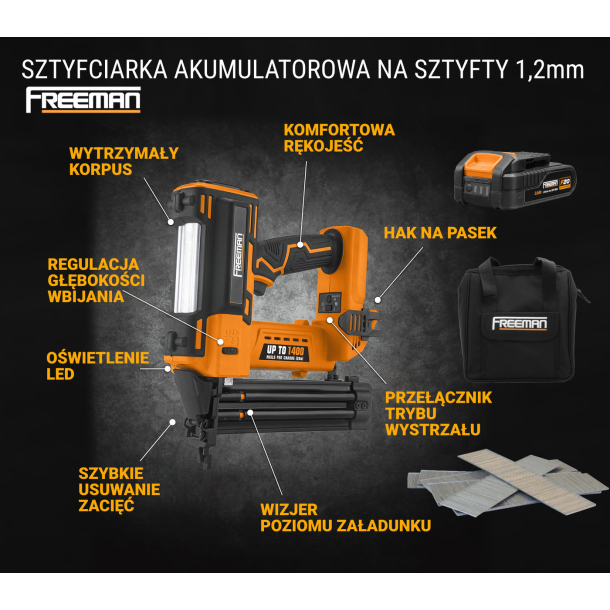 FREEMAN TAKER LDF50 - Akumuliatorinė viniakalė (1,2mm) (15-50mm) + Krepšys (7)